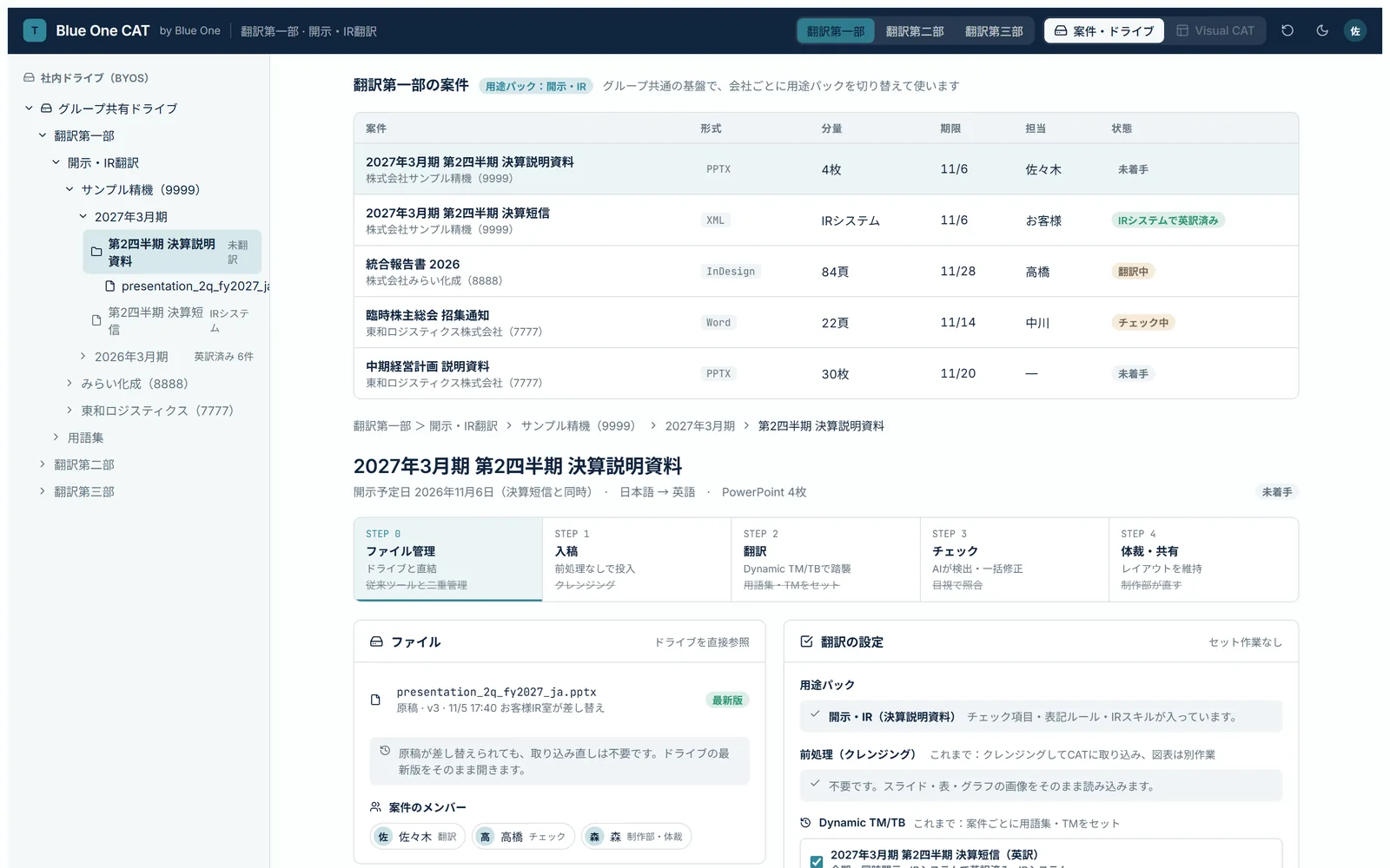 프로젝트·드라이브 화면. 사내 드라이브의 폴더 구성이 그대로 왼쪽에 나열되고, 프로젝트 목록과 공정이 표시되어 있다