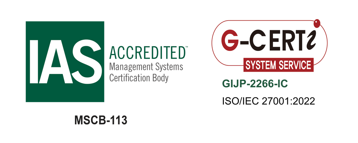 ISO/IEC 27001:2022 認証マーク(IAS 認定・GCERTI 認証、認証番号 GIJP-2266-IC)